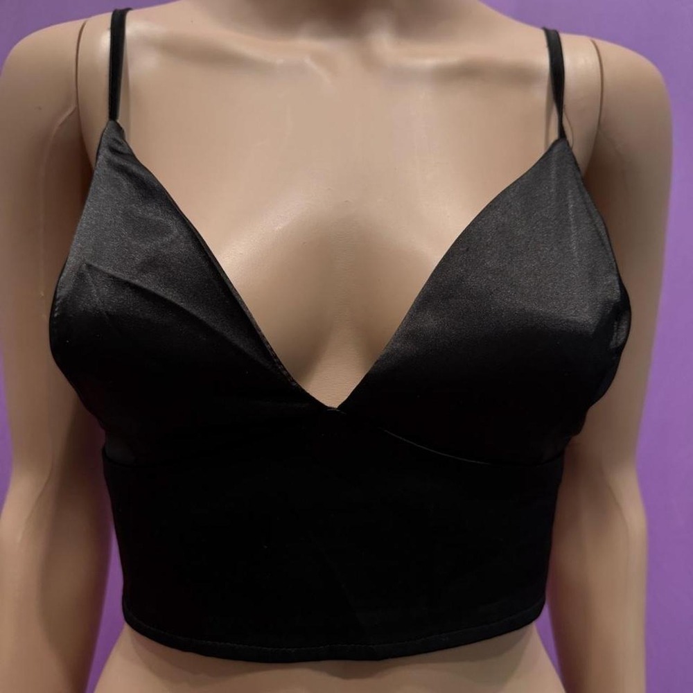 SHEIN Black Satin Crop Top V-Neck Smocked Back Adjustable Straps XL